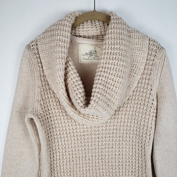 Anthro Angel of the North Cowl Sweater Chunky Waffle Knit Tan Cream Size Medium - Picture 7 of 7